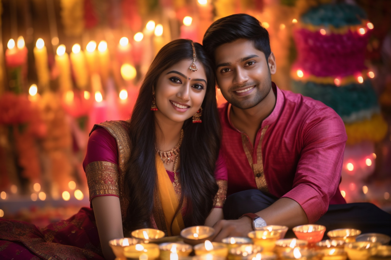A picture of a young indian couple sitting close together during diwali, family diwali celebration image