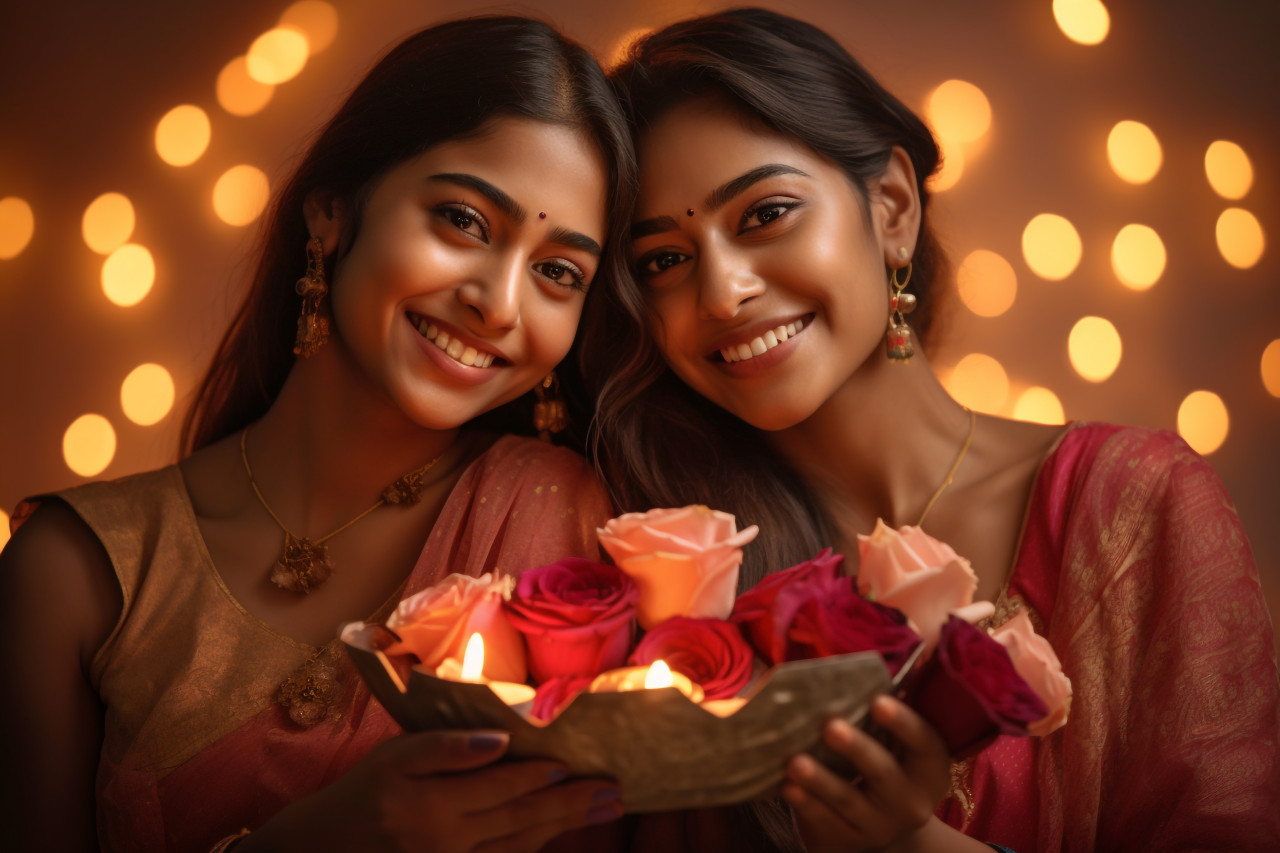 Picture of two smiling sisters with lamps and rose petals on diwali, family diwali celebration image