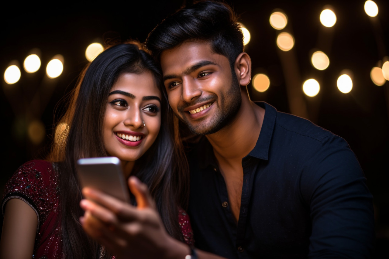 Photo of a young indian couple taking a selfie with their smartphone during diwali, family diwali celebration image