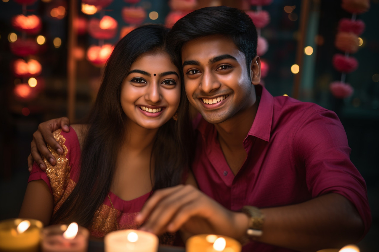 A photo of a young indian couple taking a selfie with their smartphone during diwali, family diwali celebration image