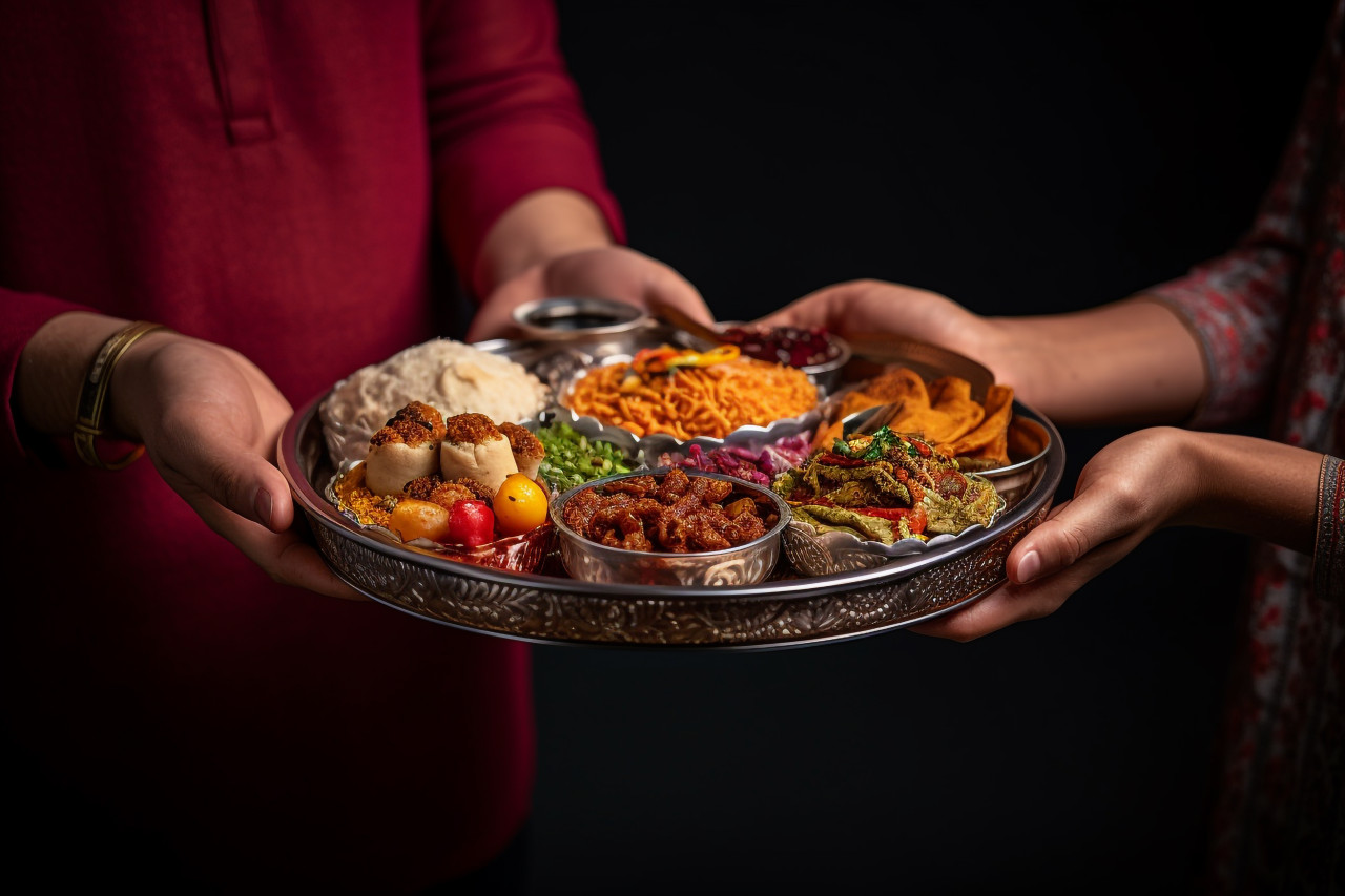 A picture of two people in love holding a plate for hindu prayer, family diwali celebration image