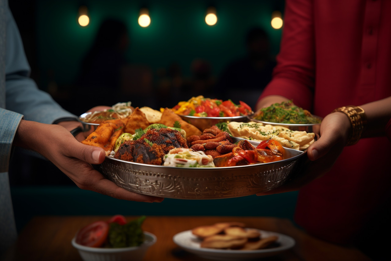 A picture of two people in love holding a plate for hindu prayer, family diwali celebration image