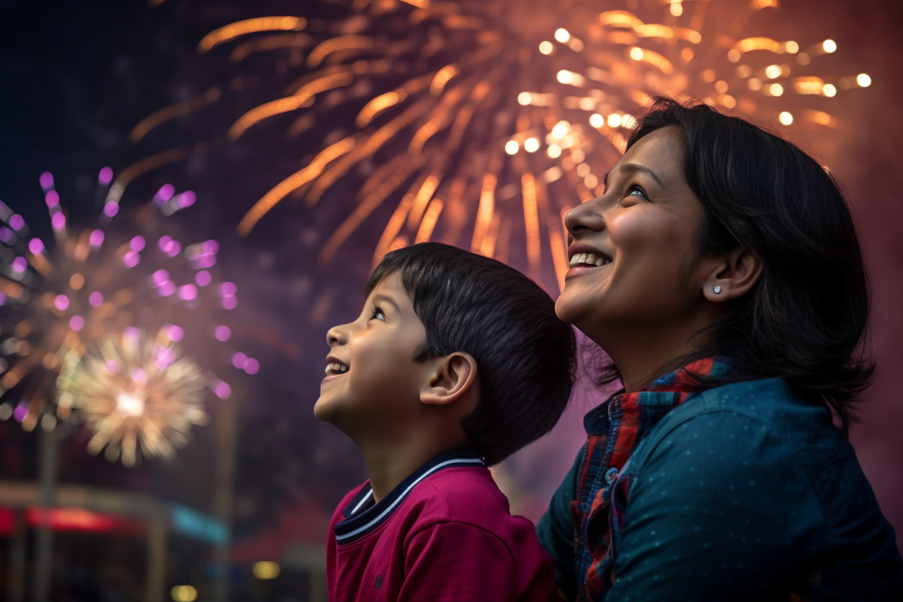 A picture of a mother and her son watching and enjoying the bright fireworks during the diwali festival, family diwali celebration image