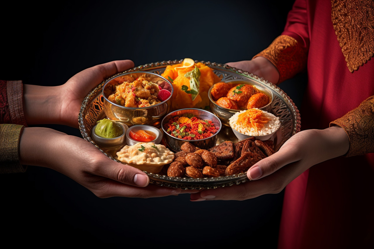 A picture of two people in love holding a plate for hindu prayer, family diwali celebration image