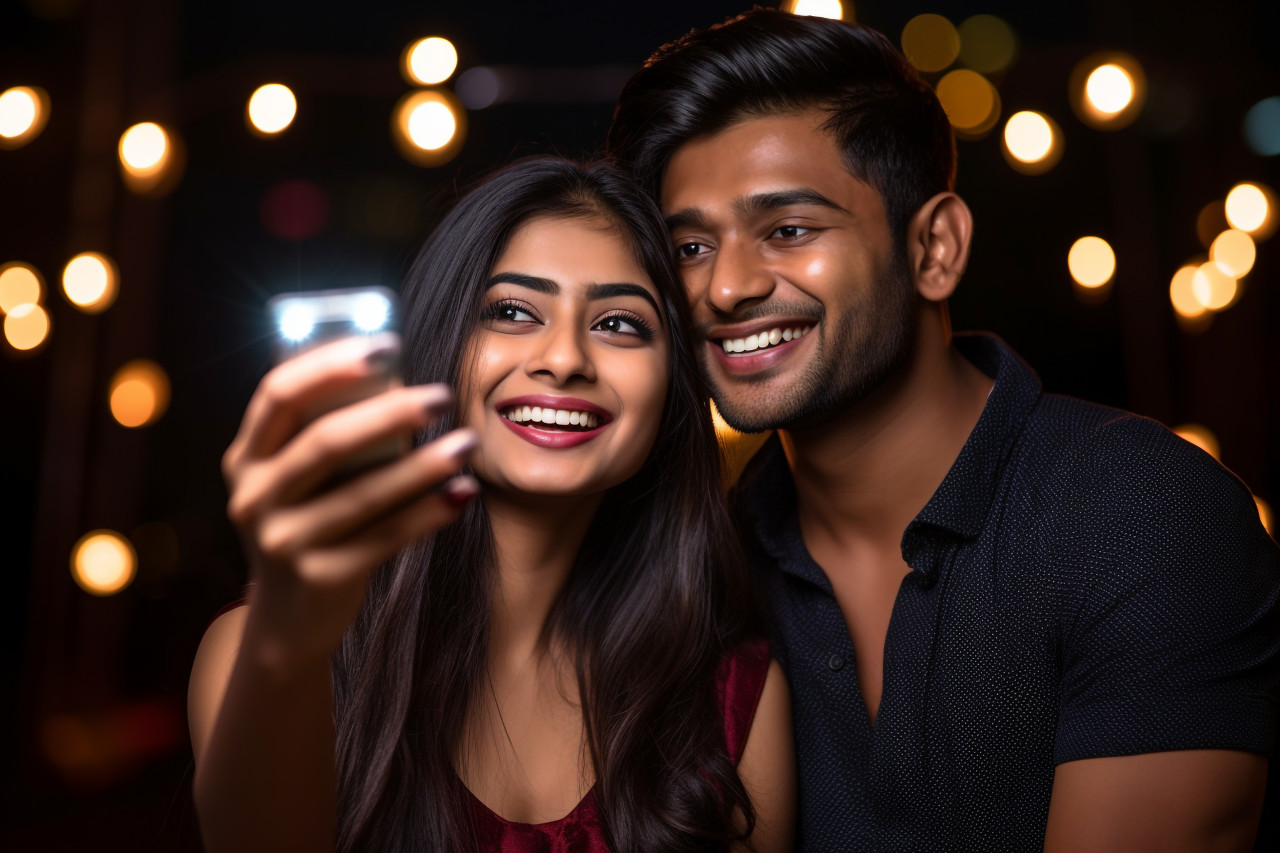 Photo of a young indian couple taking a selfie with their smartphone during diwali, family diwali celebration image