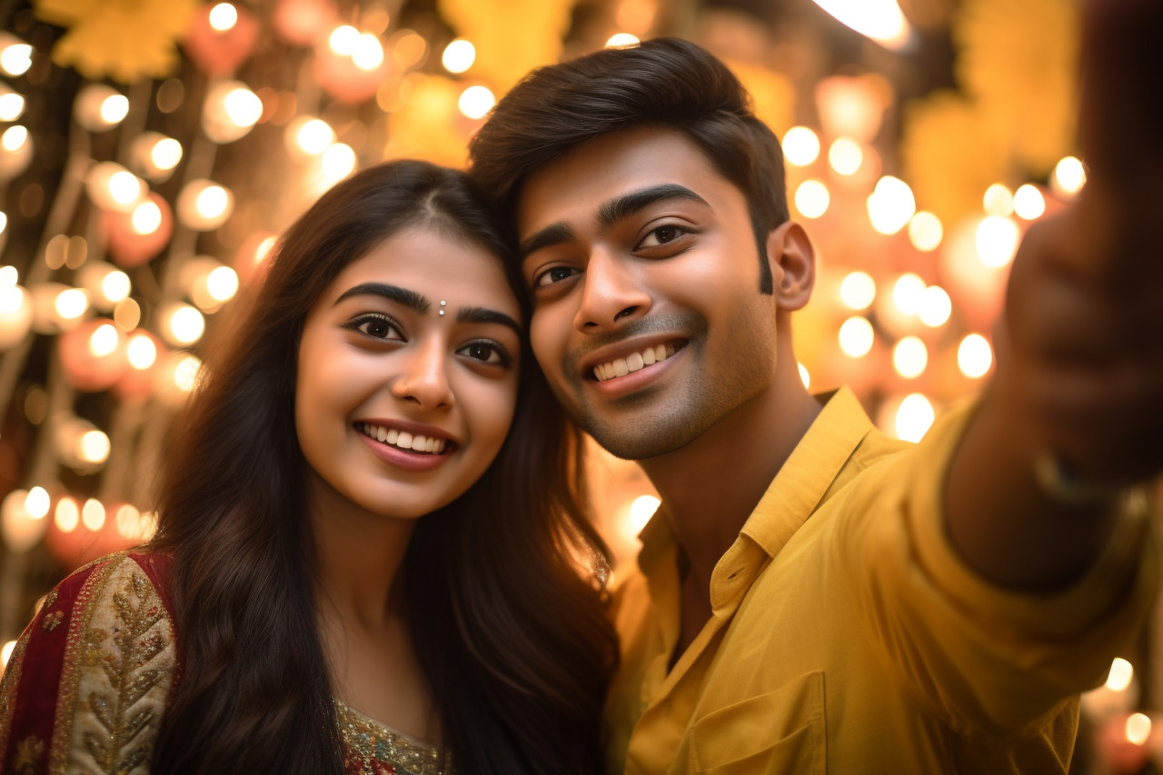 A photo of a young indian couple taking a selfie with their smartphone during diwali, family diwali celebration image