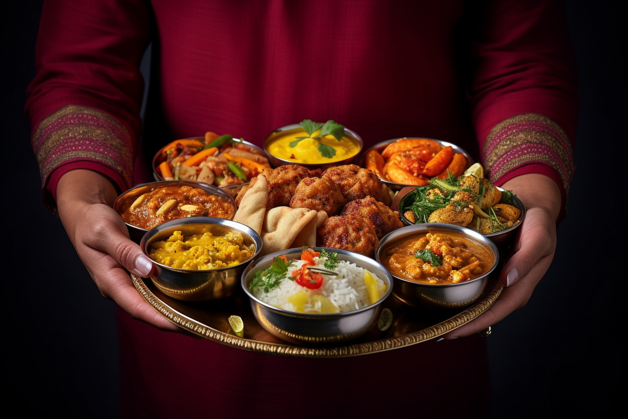 A picture of two people in love holding a plate for hindu prayer, family diwali celebration image