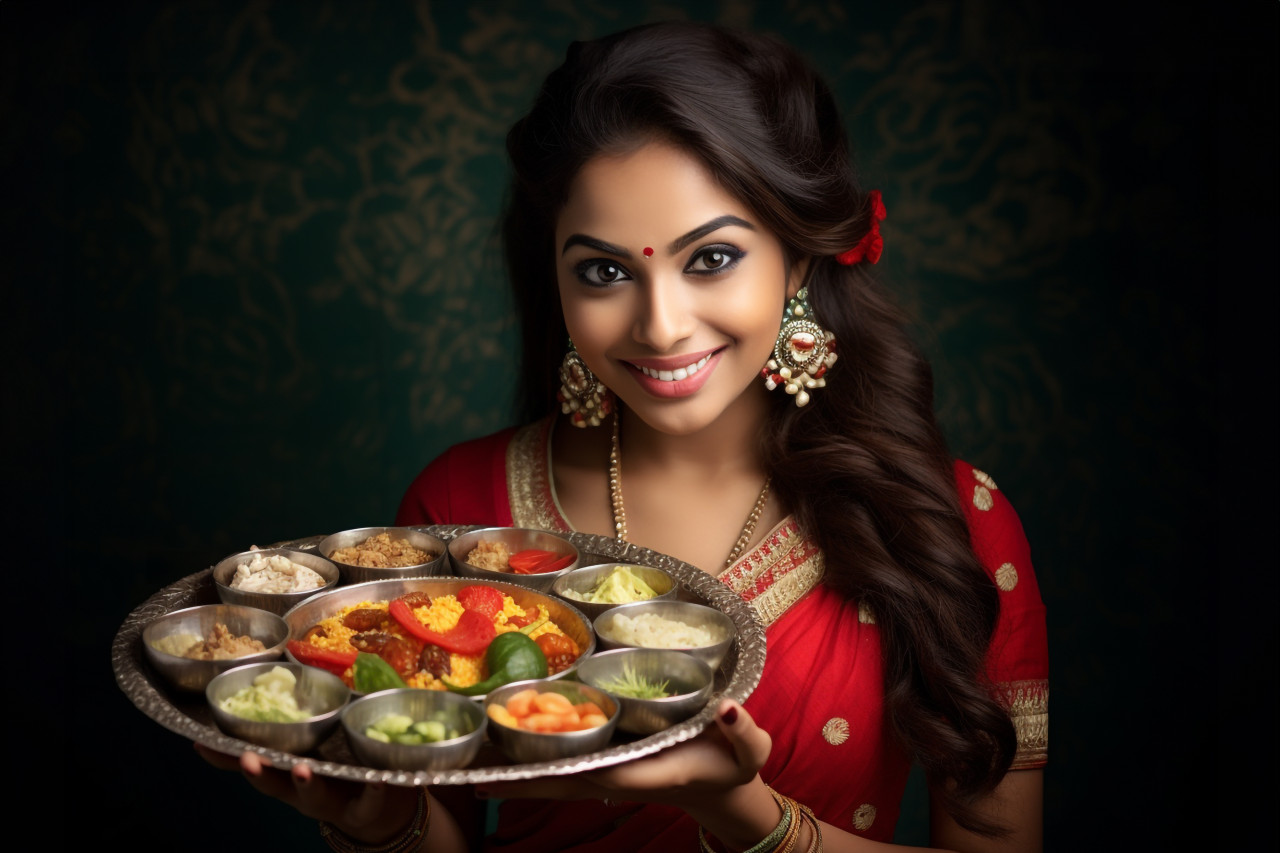 A photo of an indian girl holding a pooja thali during an indian festival, family diwali celebration image