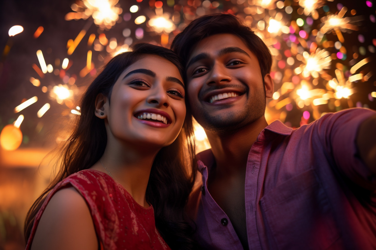 A photo of a young indian couple taking a selfie with their smartphone during diwali, family diwali celebration image