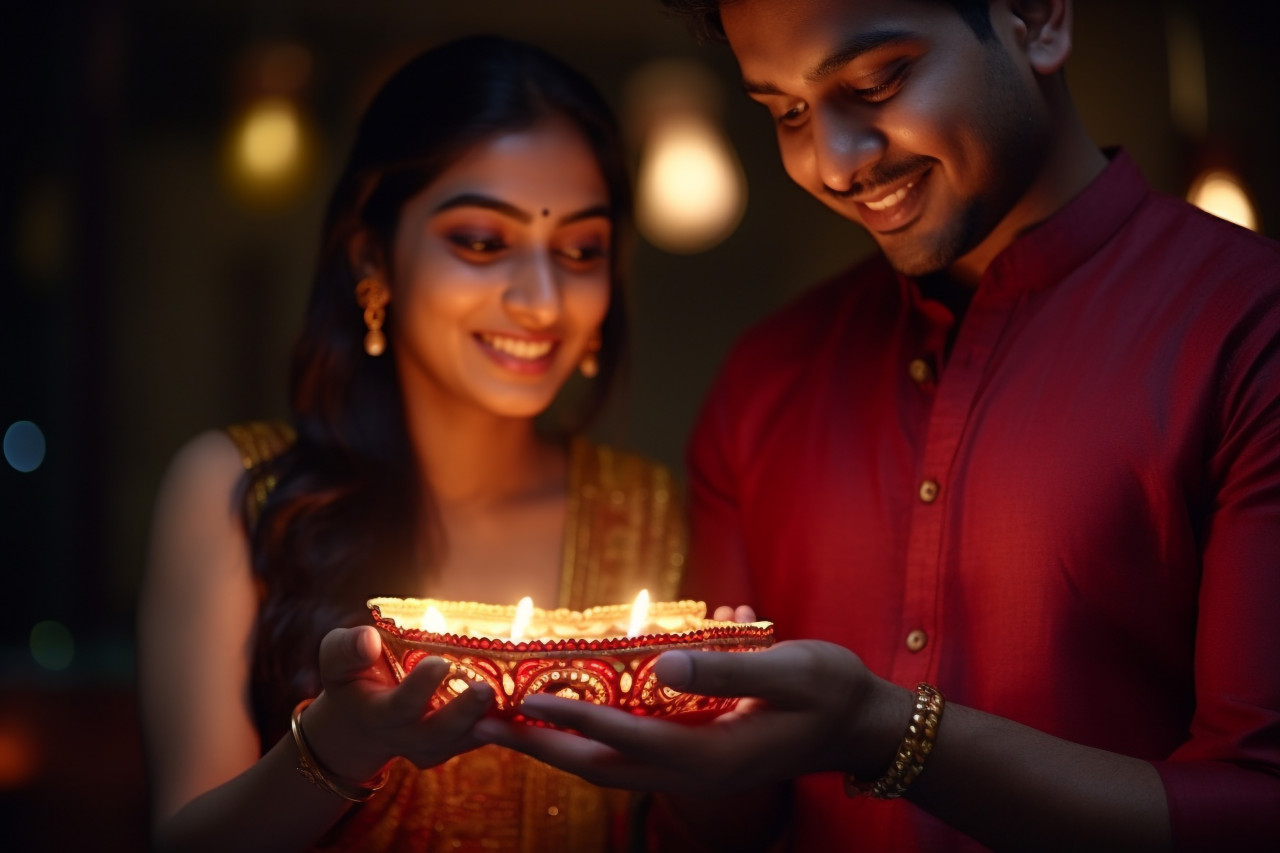A photo of a young indian couple holding a diya clay oil lamp on diwali night indoors, family diwali celebration image
