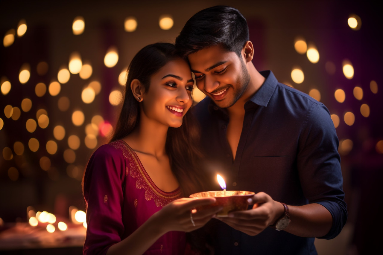 A photo of a young indian couple holding a diya clay oil lamp on diwali night indoors, family diwali celebration image