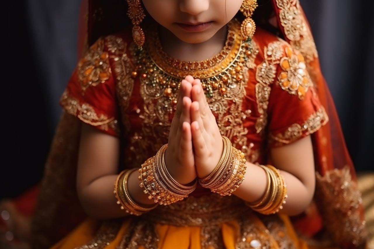 A photo of a young girl in traditional indian clothing greeting with her hands folded in front, family diwali celebration image