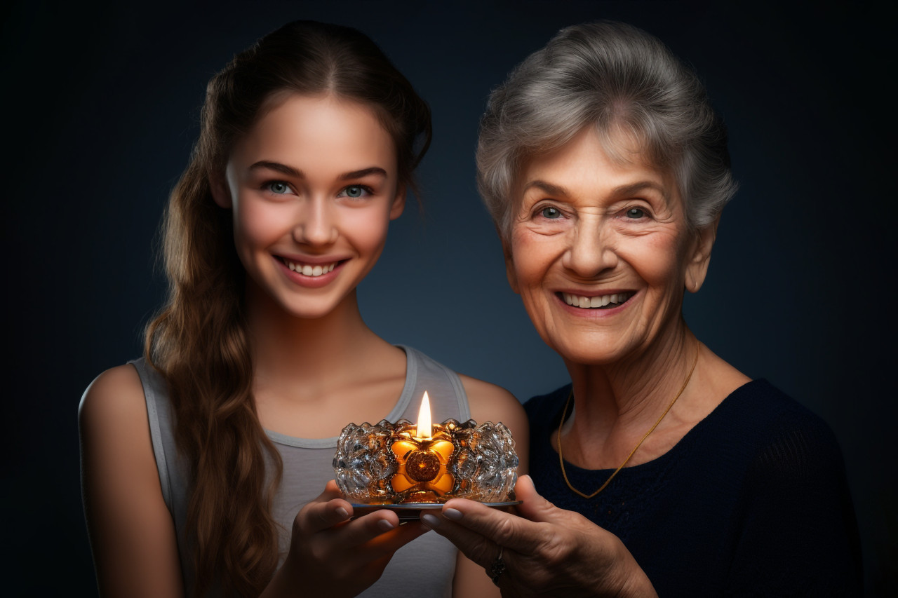 A picture of a mom and her daughter with an oil lamp, family diwali celebration image