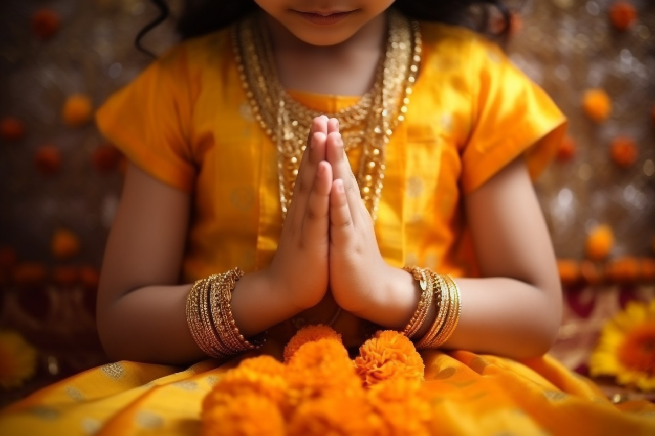A photo of a young girl in traditional indian clothing greeting with her hands folded in front, family diwali celebration image
