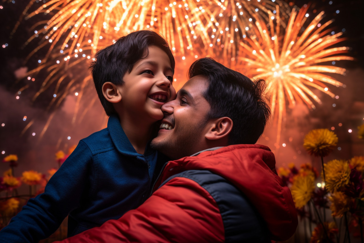 A picture of a mother and her son watching and enjoying the bright fireworks during the diwali festival, family diwali celebration image