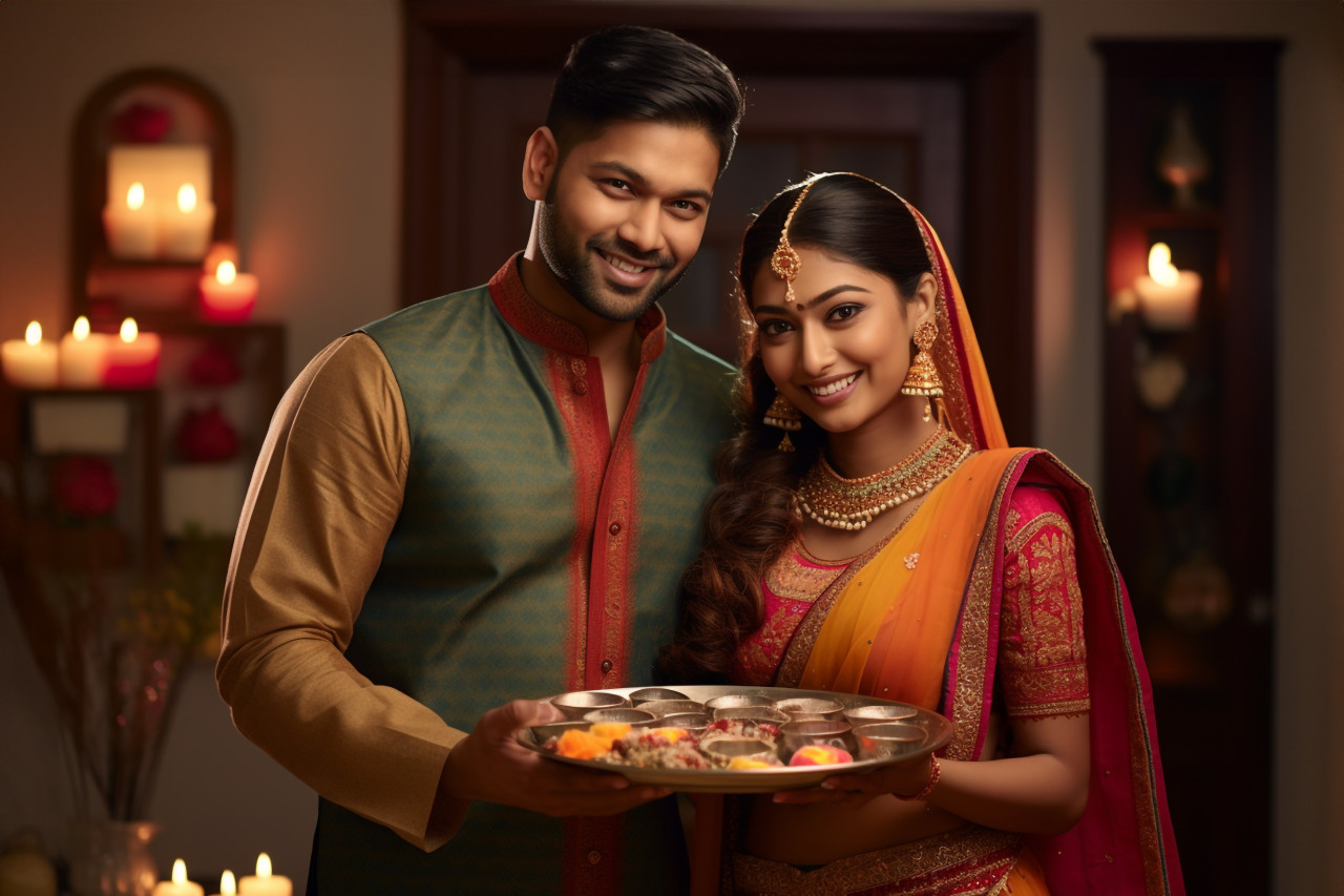 A picture of an indian couple in traditional clothes holding a puja thali during diwali, family diwali celebration image