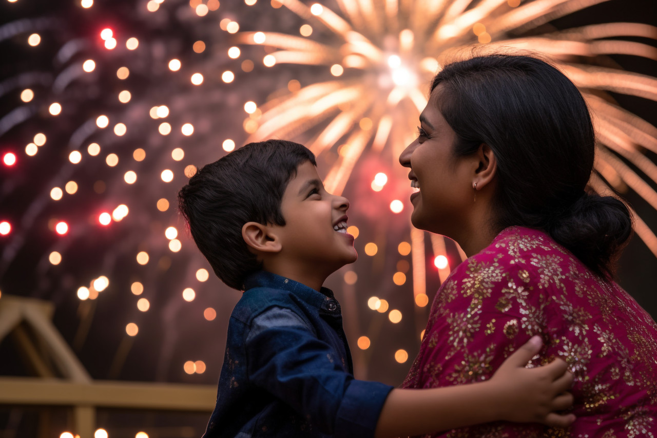 A picture of a mother and her son watching and enjoying the bright fireworks during the diwali festival, family diwali celebration image