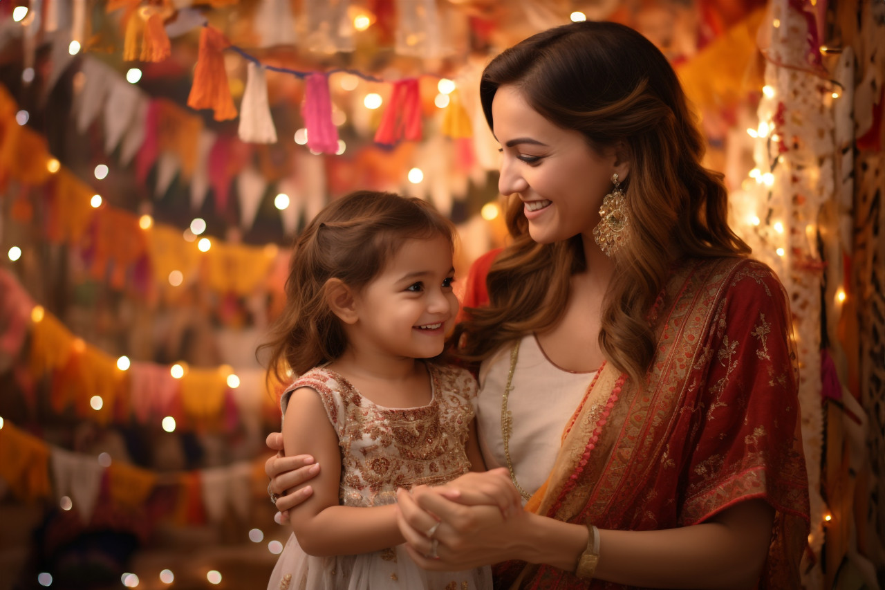 A picture of a mother and daughter dressed in traditional indian clothes for a festival, family diwali celebration image