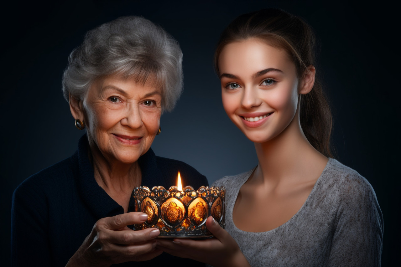 A picture of a mom and her daughter with an oil lamp, family diwali celebration image