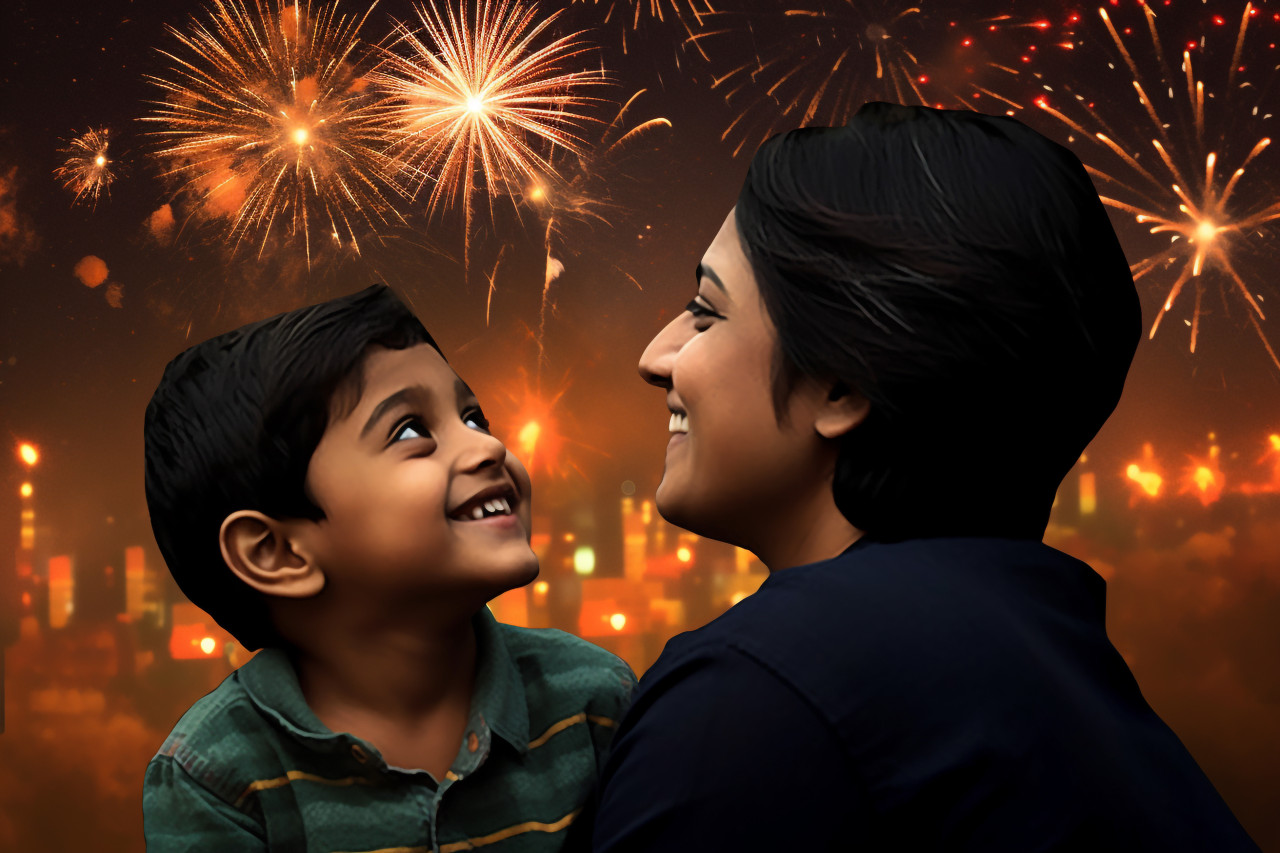 A picture of a mother and her son watching and enjoying the bright fireworks during the diwali festival, family diwali celebration image