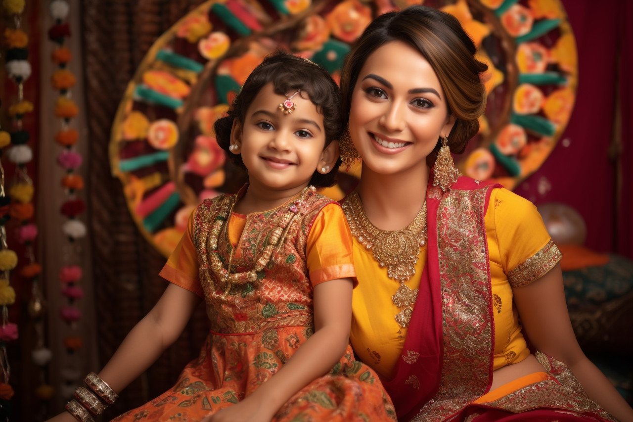 A photo of an indian mother and daughter in traditional clothes, looking at the camera, family diwali celebration image