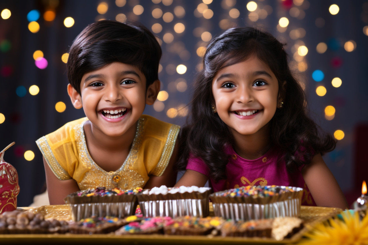A picture of two adorable indian children celebrating diwali with firecrackers and sparklers, family diwali celebration image