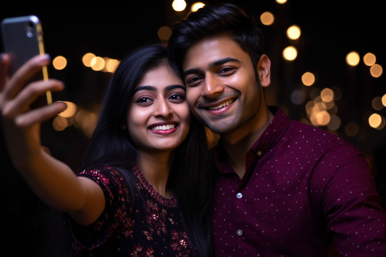 A photo of a young indian couple taking a selfie on diwali festival in front of a black background, family diwali celebration image