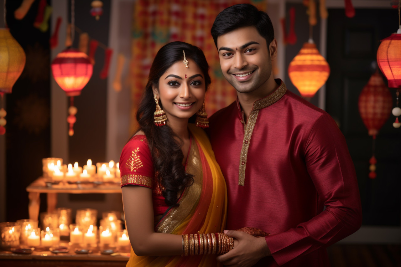 A photo of an indian couple in traditional clothes celebrating diwali at home, family diwali celebration image