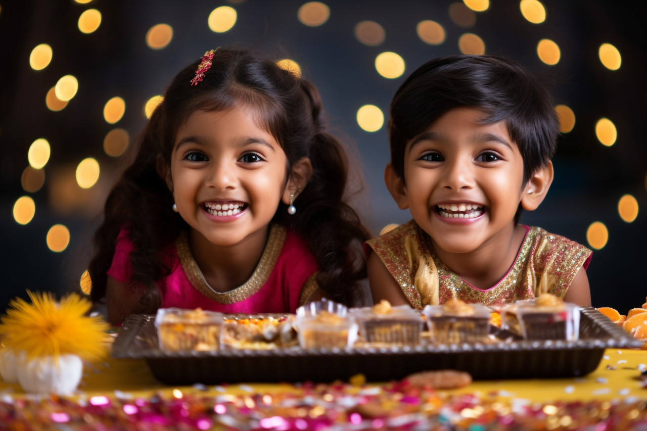 A picture of two adorable indian children celebrating diwali with firecrackers and sparklers, family diwali celebration image