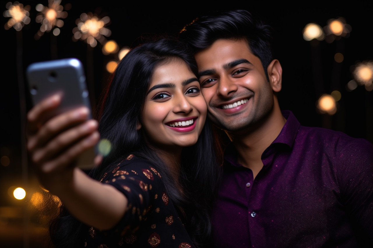 A photo of a young indian couple taking a selfie on diwali festival in front of a black background, family diwali celebration image