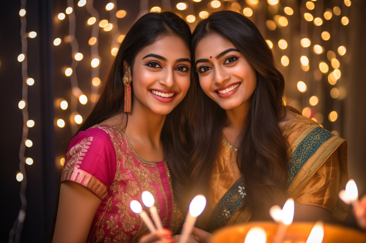 A picture of two young indian women celebrating diwali, the festival of lights, family diwali celebration image