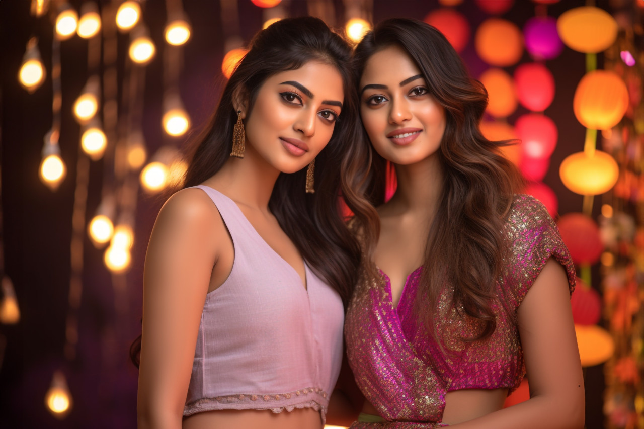 A picture of two young indian women celebrating diwali, the festival of lights, family diwali celebration image