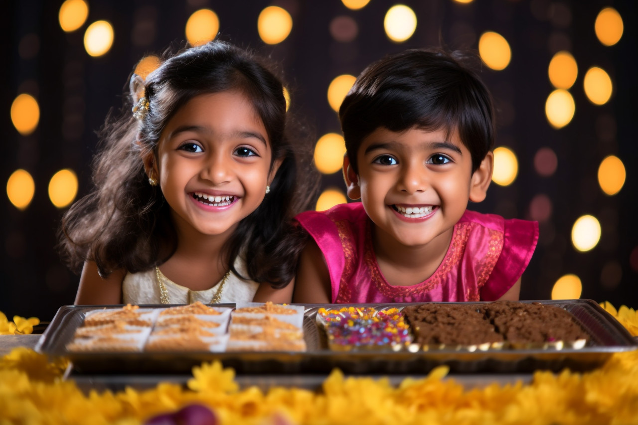 A picture of two adorable indian children celebrating diwali with firecrackers and sparklers, family diwali celebration image