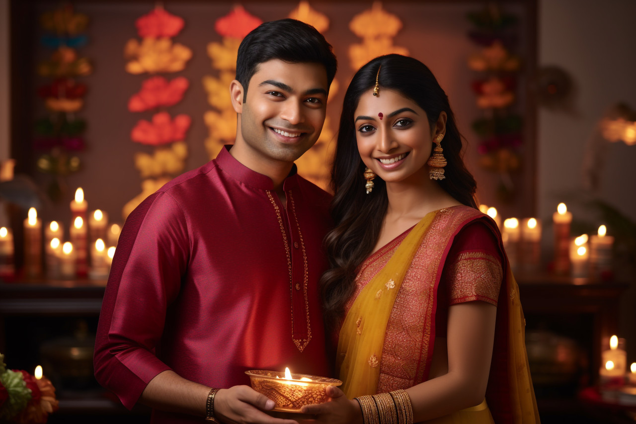 A photo of an indian couple in traditional clothes celebrating diwali at home, family diwali celebration image