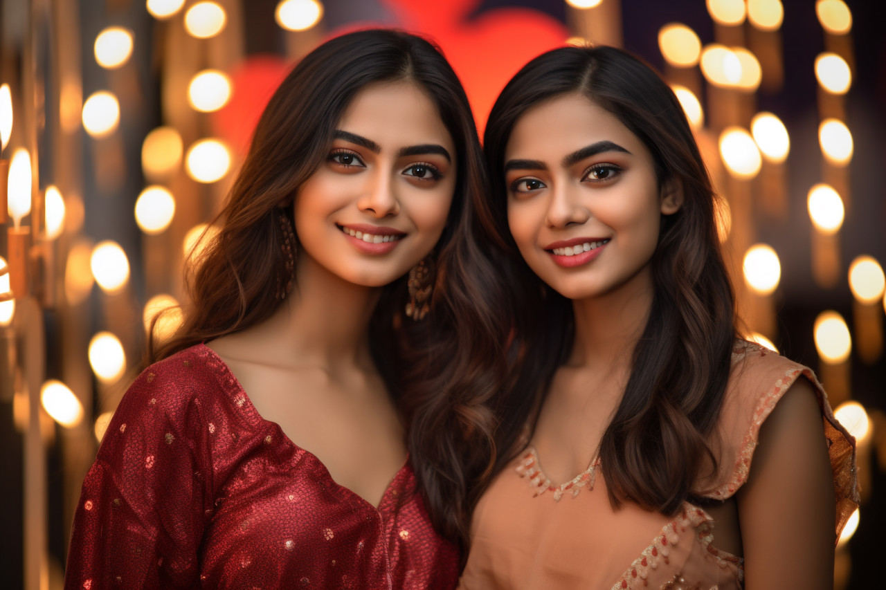 A picture of two young indian women celebrating diwali, the festival of lights, family diwali celebration image