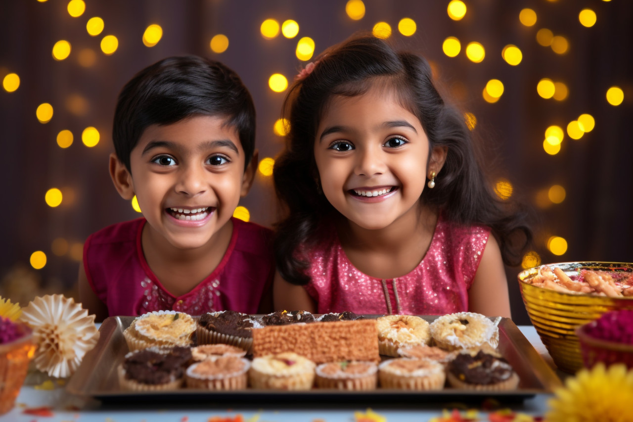 A picture of two adorable indian children celebrating diwali with firecrackers and sparklers, family diwali celebration image