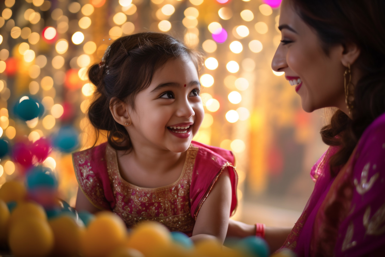 A picture of a baby playing with her mother during diwali, the indian festival of lights, family diwali celebration image