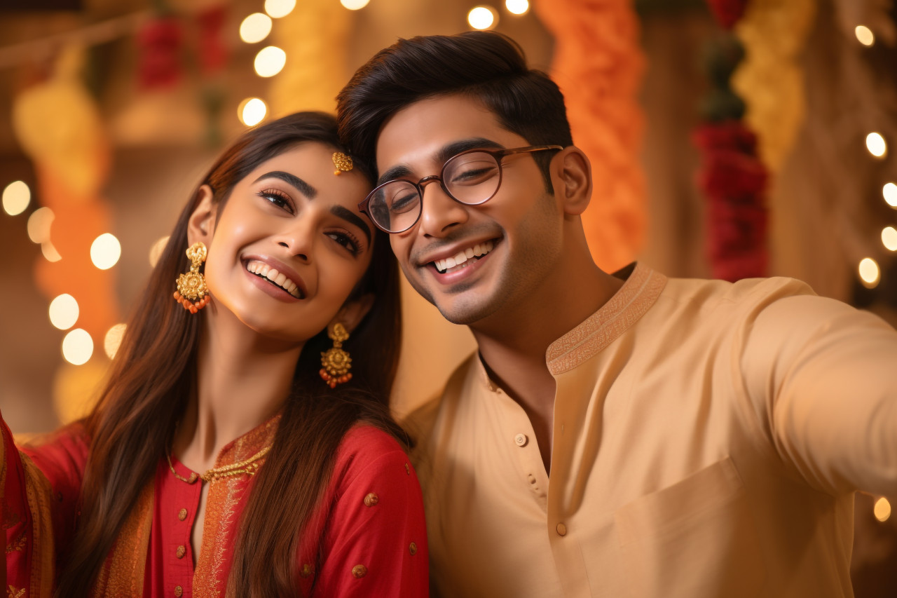A photo of an indian couple taking happy selfies during a festival, family diwali celebration image