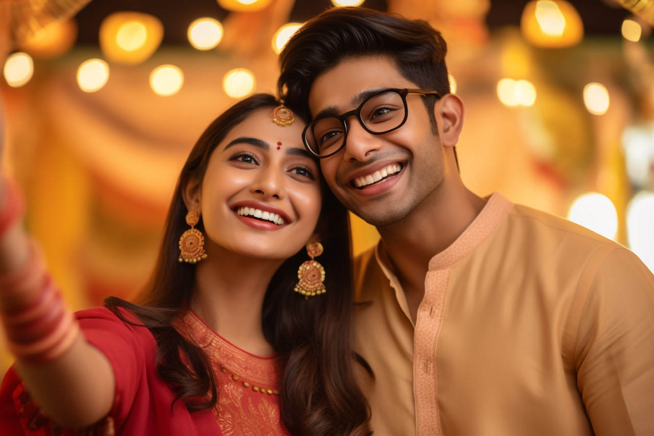 A photo of an indian couple taking happy selfies during a festival, family diwali celebration image