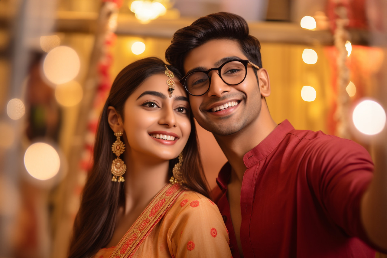 A photo of an indian couple taking happy selfies during a festival, family diwali celebration image