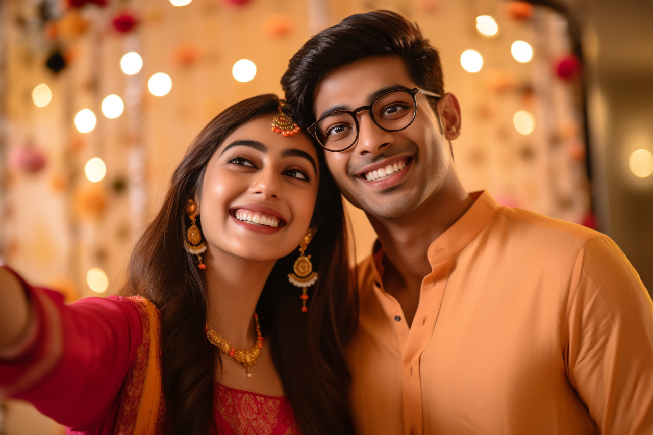 A photo of an indian couple taking happy selfies during a festival, family diwali celebration image