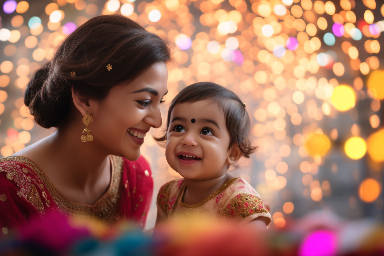 A picture of a baby playing with her mother during diwali, the indian festival of lights, family diwali celebration image