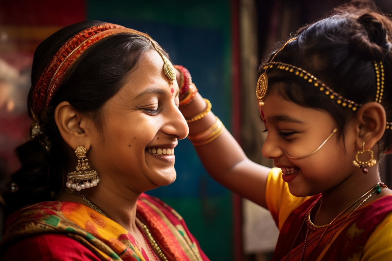 A photo of an indian mother applying a tilak on her young daughters forehead during a festival celebration, family diwali celebration image