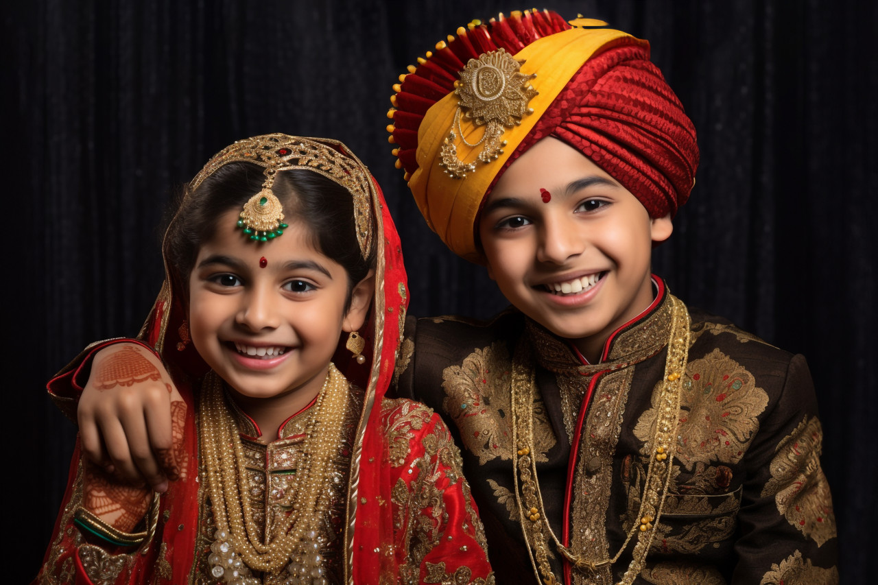 A picture of a brother and sister wearing traditional clothes to celebrate the festival of bhai dooj, family diwali celebration image