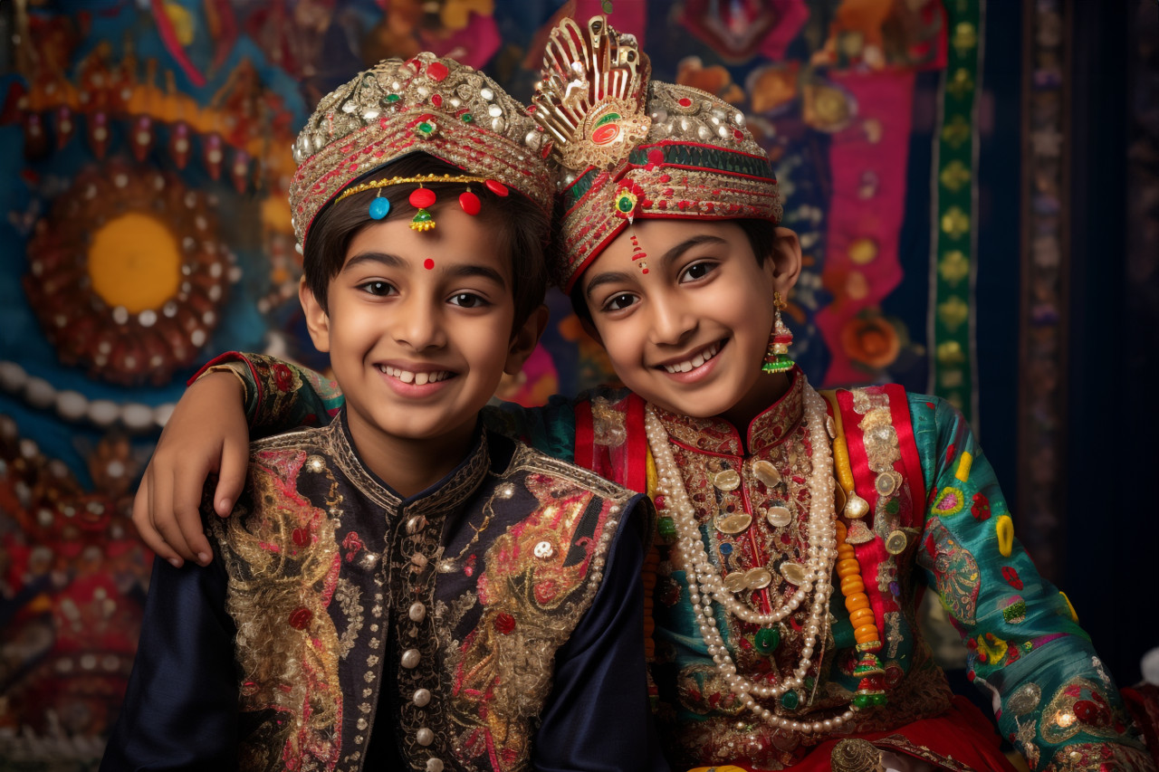 A picture of a brother and sister wearing traditional clothes to celebrate the festival of bhai dooj, family diwali celebration image