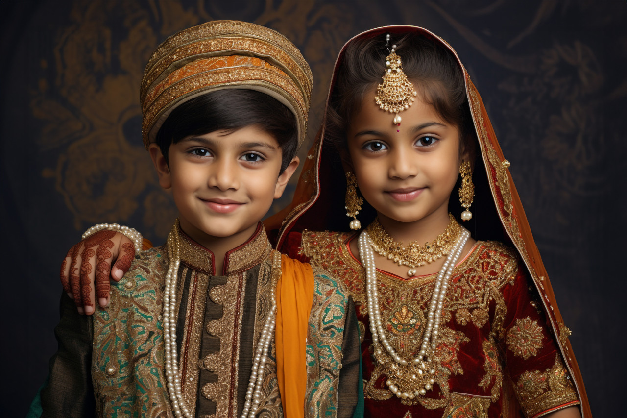 A photo of two or more brothers and sisters wearing traditional indian clothing, family diwali celebration image