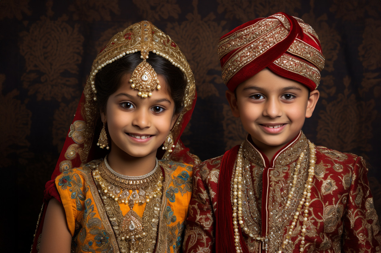 A photo of two or more brothers and sisters wearing traditional indian clothing, family diwali celebration image
