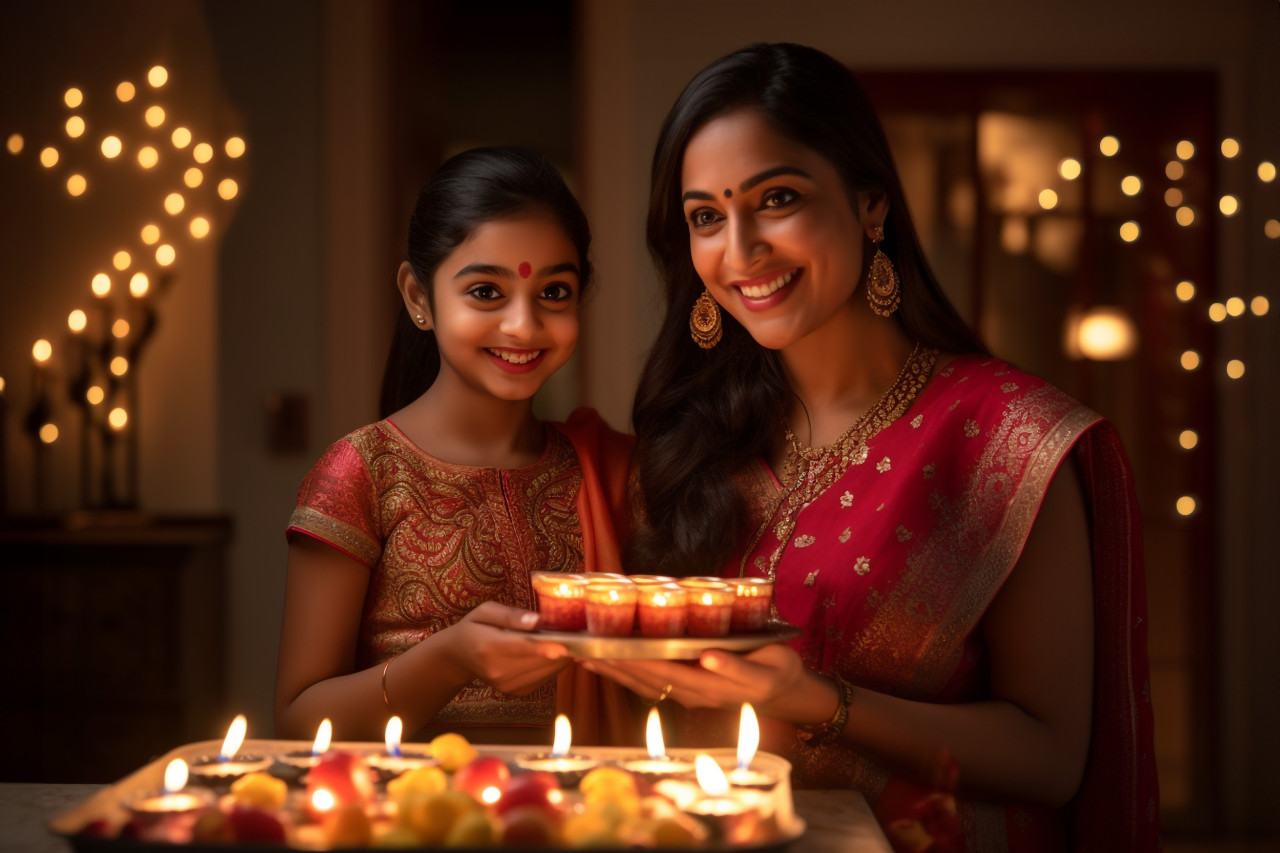A picture of a mother and her daughter holding diyas at home while celebrating diwali, family diwali celebration image