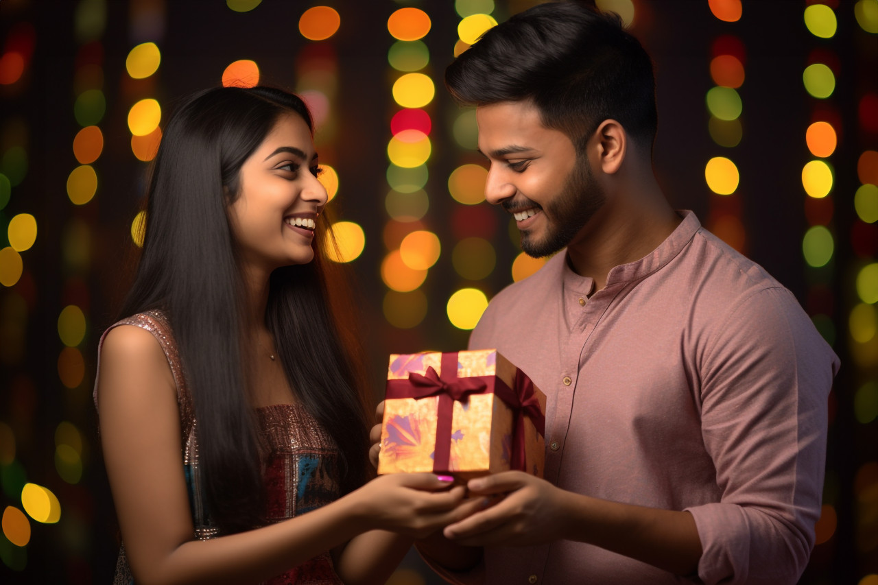 A photo of a happy young indian couple holding a gift box and looking at each other celebrating diwali, family diwali celebration image