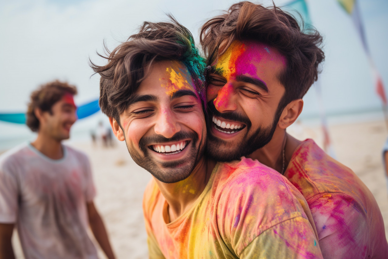 Photo of two stylish young indian men hugging on the beach during holi, family diwali celebration image